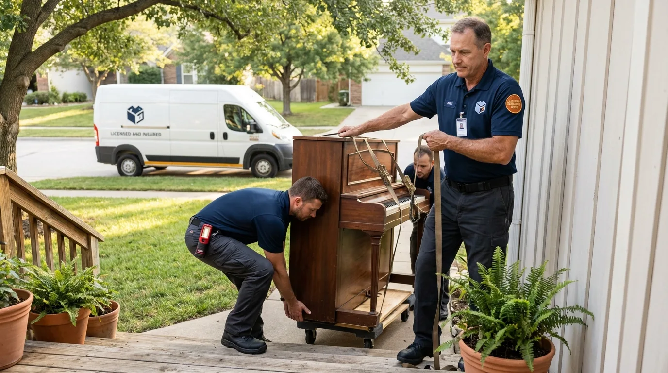 Licensed piano movers securing grand piano in Ola, AR