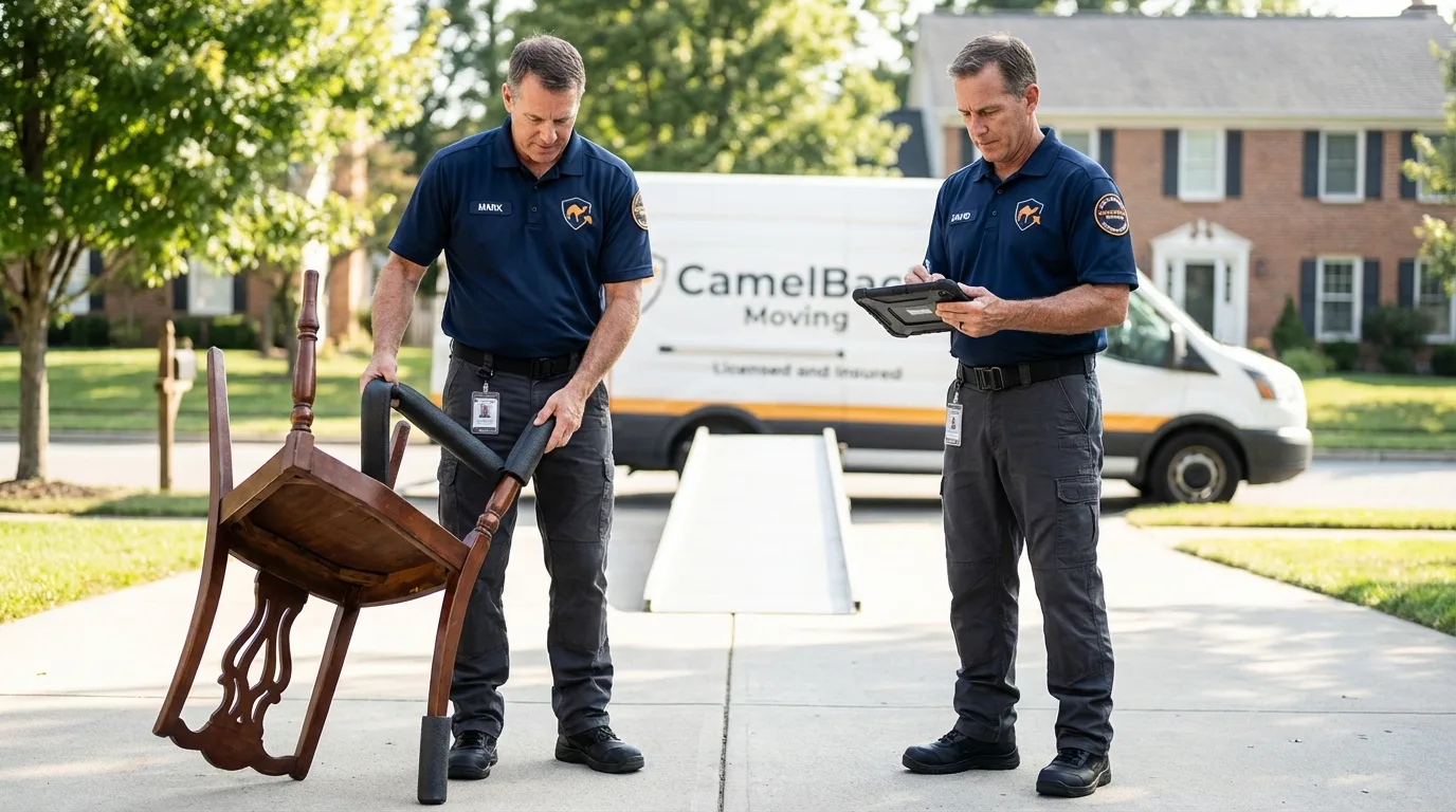 Movers inspecting furniture for damage prevention before loading in Ola, AR
